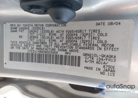 2005 Toyota 4Runner Sr5 Sport V6 из США, поврежденный, VIN JTEZU14R858023329